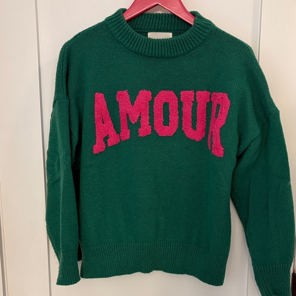 Stylish Green Sweater with Pink 'AMOUR' Design